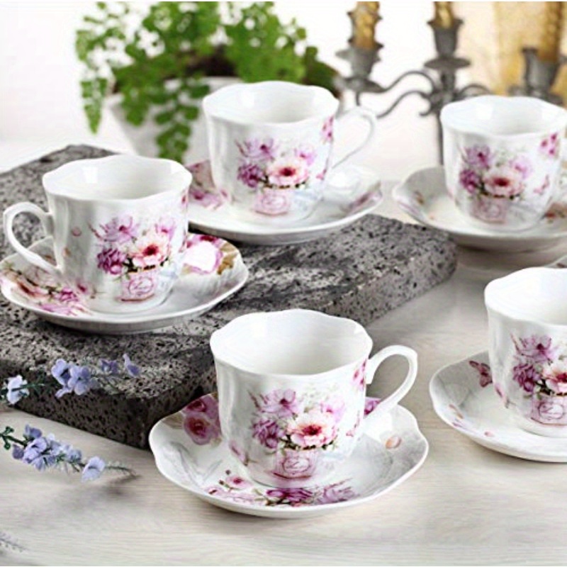 elegant floral porcelain tea cups and saucers set of 6 7oz pink and purple flowers microwave dishwasher safe ideal gift for   tea cup set Product details 4