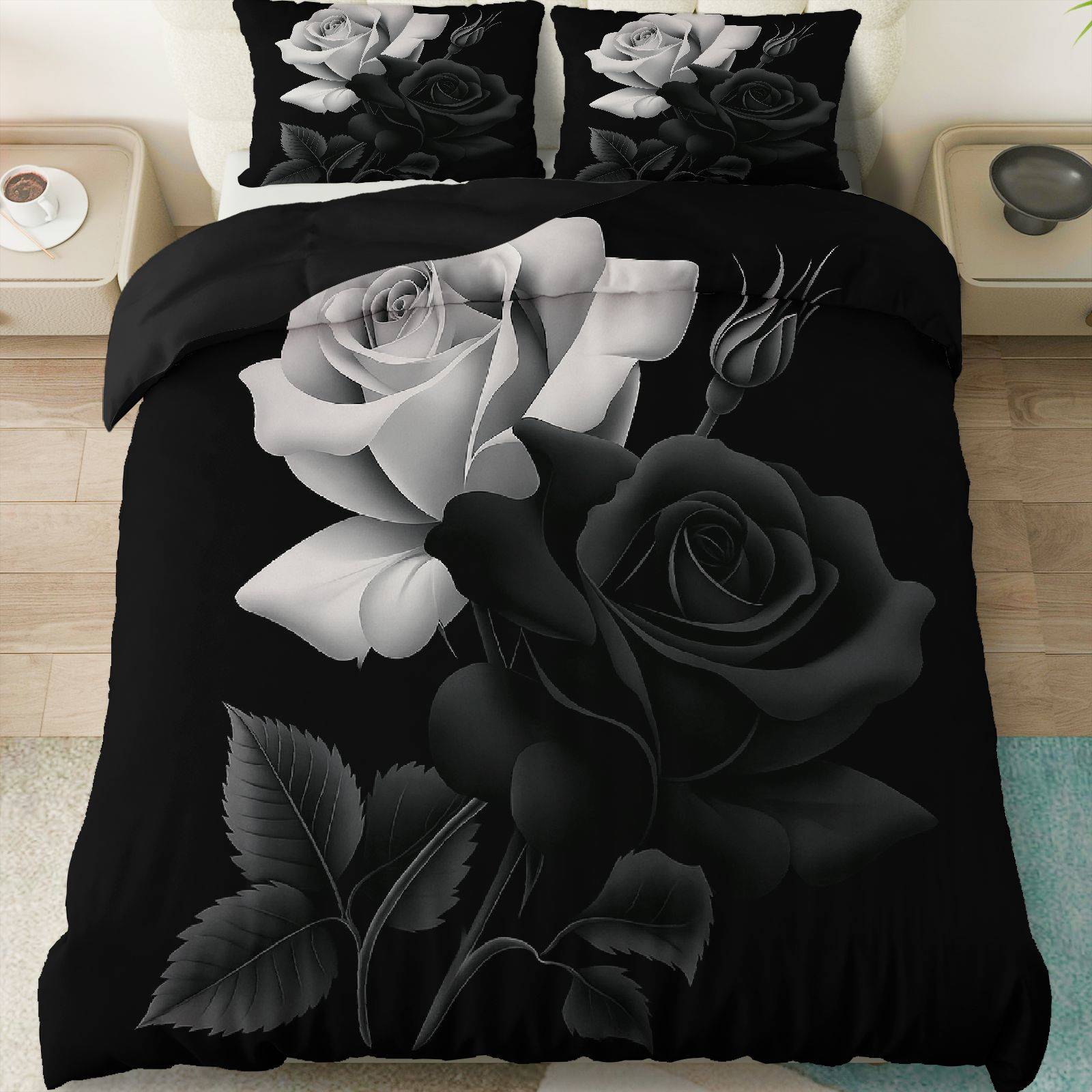 TEMU 3pcs Duvet Cover Set, 1 Duvet 2 Pillowcases( Without Filler), Black White Rose Floral Elegant Romantic Gothic Theme, Valentine' S Day Bedding