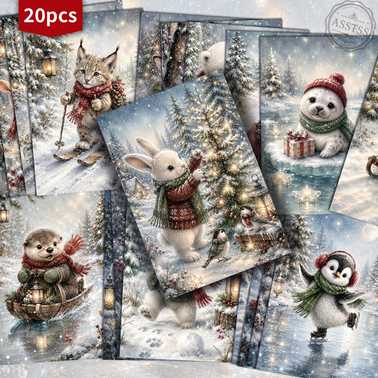 TEMU 20-pack Asstss Vintage Cute Christmas Animals Postcards - 4x6 Inches Retro Junk Journal Supplies, Classic Pinup Illustrations Collectible
