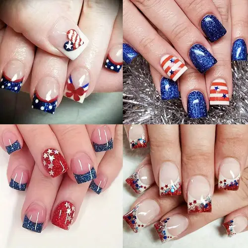 96pcs 4 pack blue french tip press on nails square american flag nails false nails star sequin glitter on nails patriotic full cover stick on nails for women decor