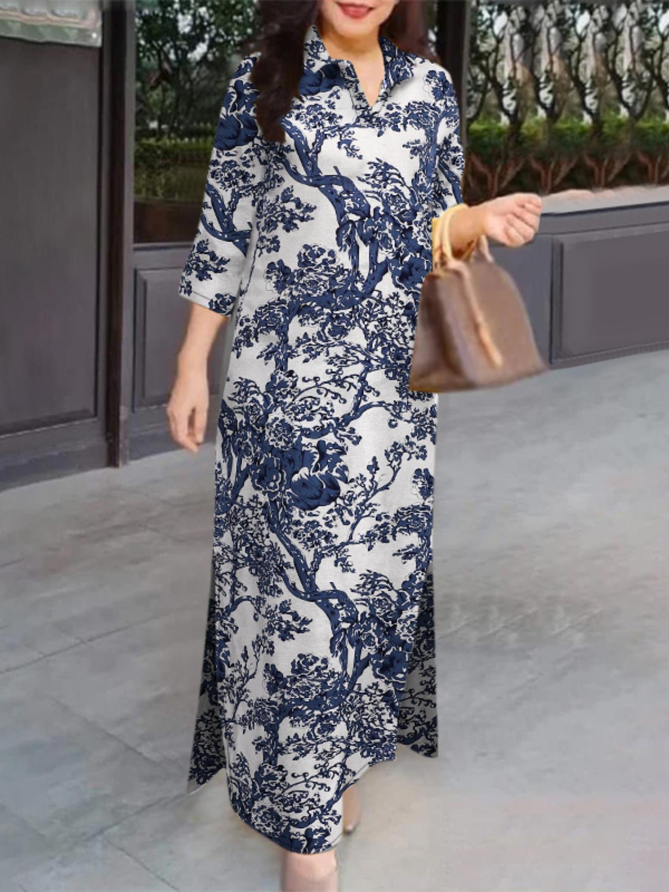 womens vintage blue floral print oversized shirt dress Temu