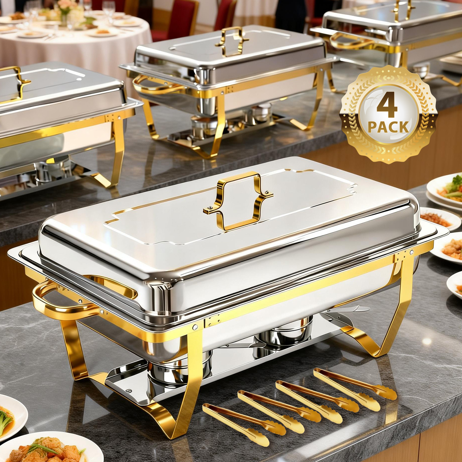 TEMU Plat chauffant pour buffet 2/4 pièces, 9QT [Couleurs élégantes or et argent] Ensemble de plat chauffant en acier inoxydable [Robuste et de haute