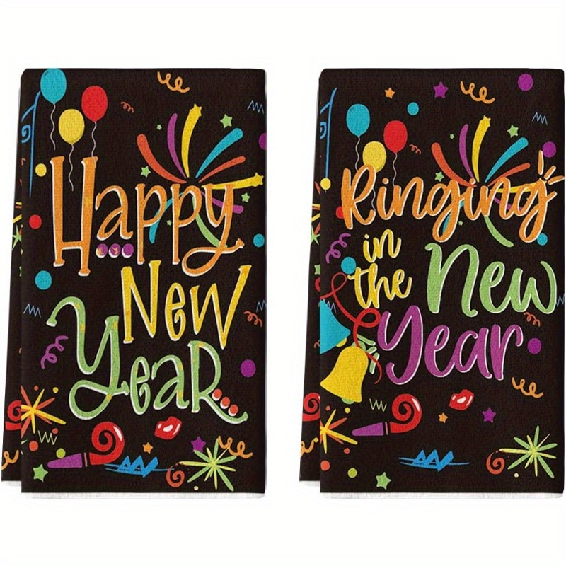 

2pcs Happy New Year Kitchen Towels - 18x26 Inch, Polyester, Balloon & Champagne Design With Fireworks And Bells, Machine Washable