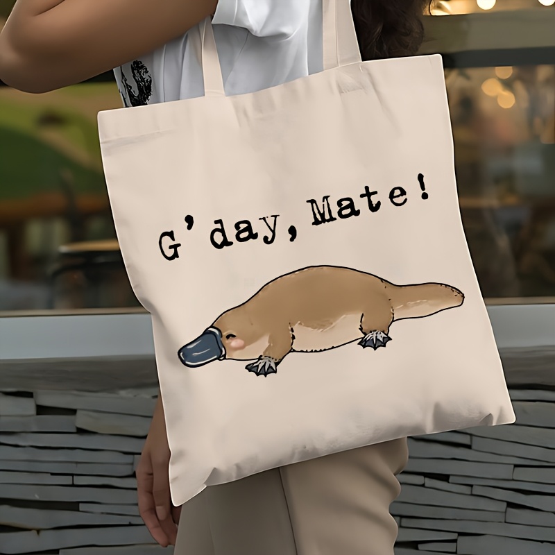 TEMU 1pc Double-sided Printing Lovely Australian Themed Tote Bag With Platypus And ", Mate!" Print - Lightweight And Durable Polyester, Unisex