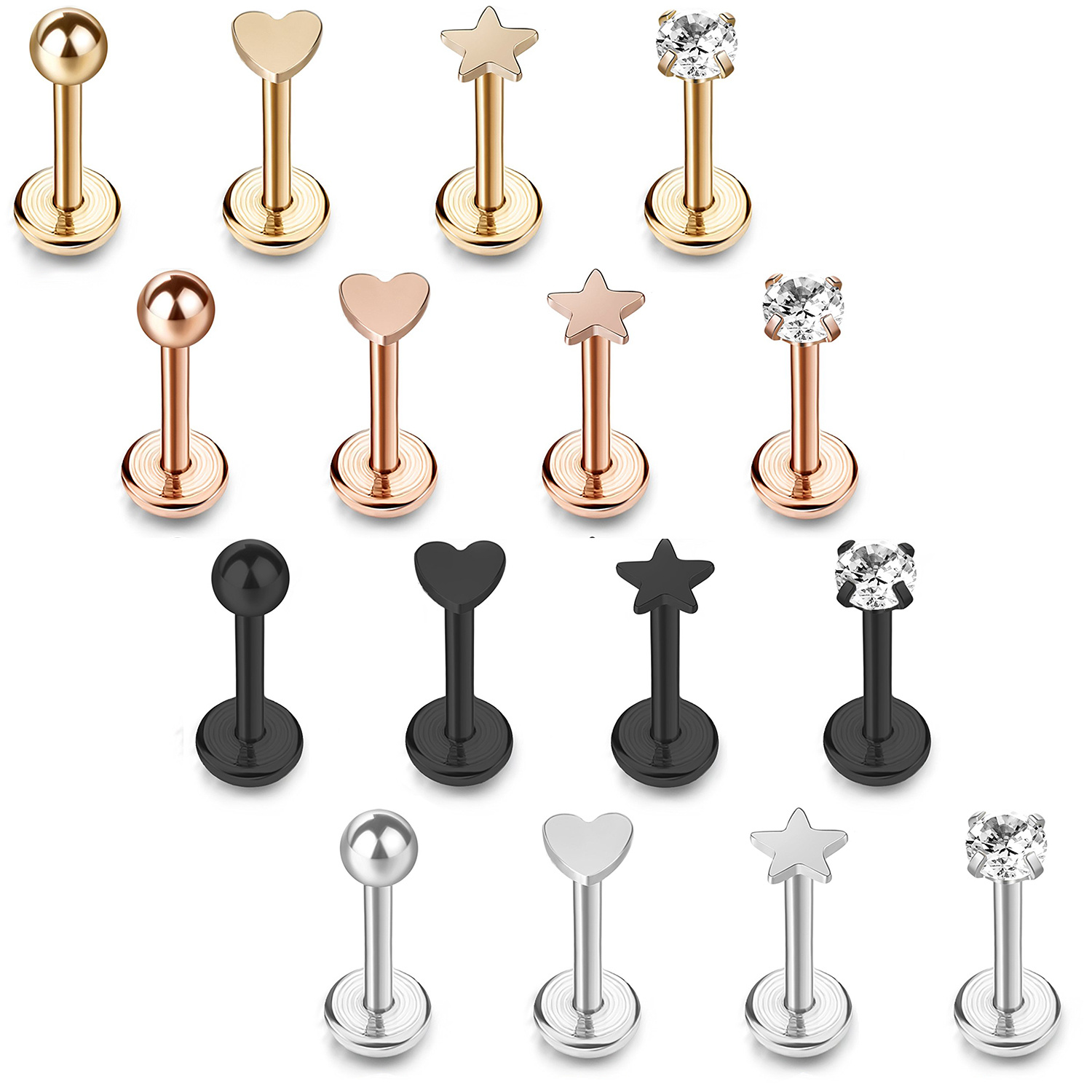 2d Flat - Jewelrywe 16pcs 16g Labret Studs Stainless Steel Cartilage Tragus Helix Earrings Star Heart Ball Cz Lip Rings Set Flat Back Piercing Jewelry For Women Men Unisex
