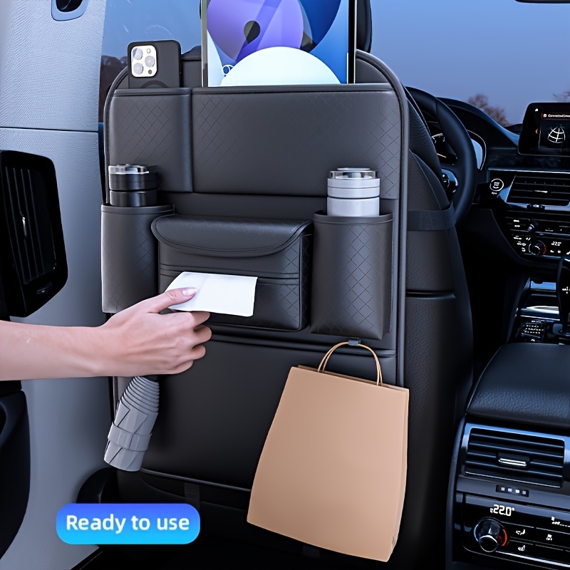 Multifunctional Thickened Flat Double Cup Car Rear Storage Bag with Multiple Pouches And Multifunctional Dual-Head Cleaning Soft Brush, Wear-Resistant Faux Leather Material, Easy to Install, Suitable for Most Car Models, Suitable for SUV, Truck