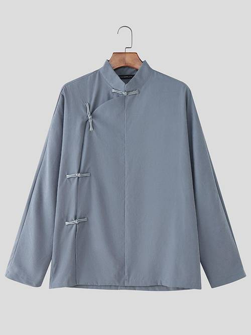 men vintage shirt chinese frog collar long sleeve plain baggy thin outdoor all match retro leisure shirt chinese size please check the size guide