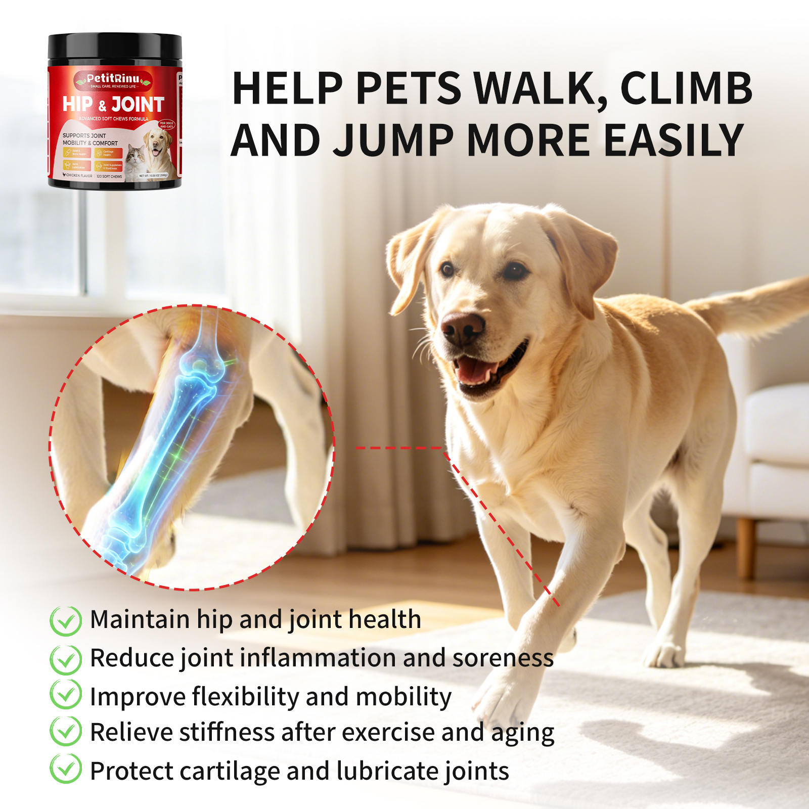 PETITRINU Joint Supplement for Dogs and Cats - Advanced Soft Chews with Glucosamine & Chondroitin - Supports Mobility, Flexibility & Cartilage Health - Chicken Flavor, 120 Count