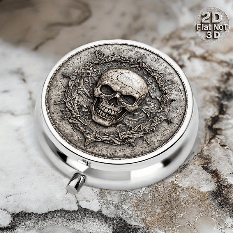 1pc 2d Flat Portable Compartment Metal Pill Box With Pirate And Crown Of Leaves For Celestial Nautical Themed Storage, 2d Flat