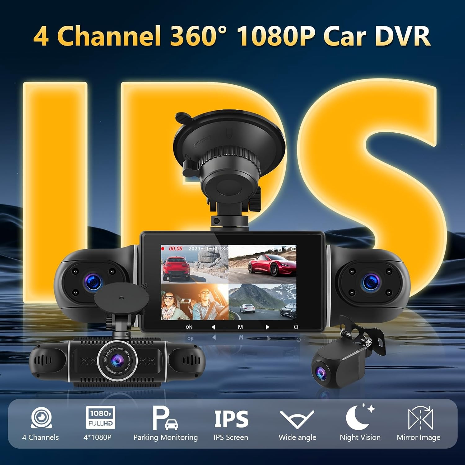 3 inch dash cam for cars wifi 360 dash cam front and rear inside 4 channel ips touchscreen dash cam front and rear inside   dash camera with 8 ir night   loop recording   app control with 32g 64g tf