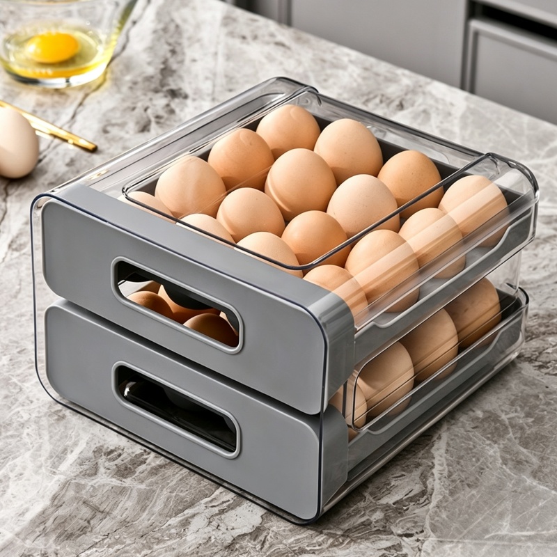 TEMU Grande boîte de rangement à œufs transparente à double couche et 32 fentes avec tiroirs, porte-œufs pour réfrigérateur, organisateur d'œufs pour