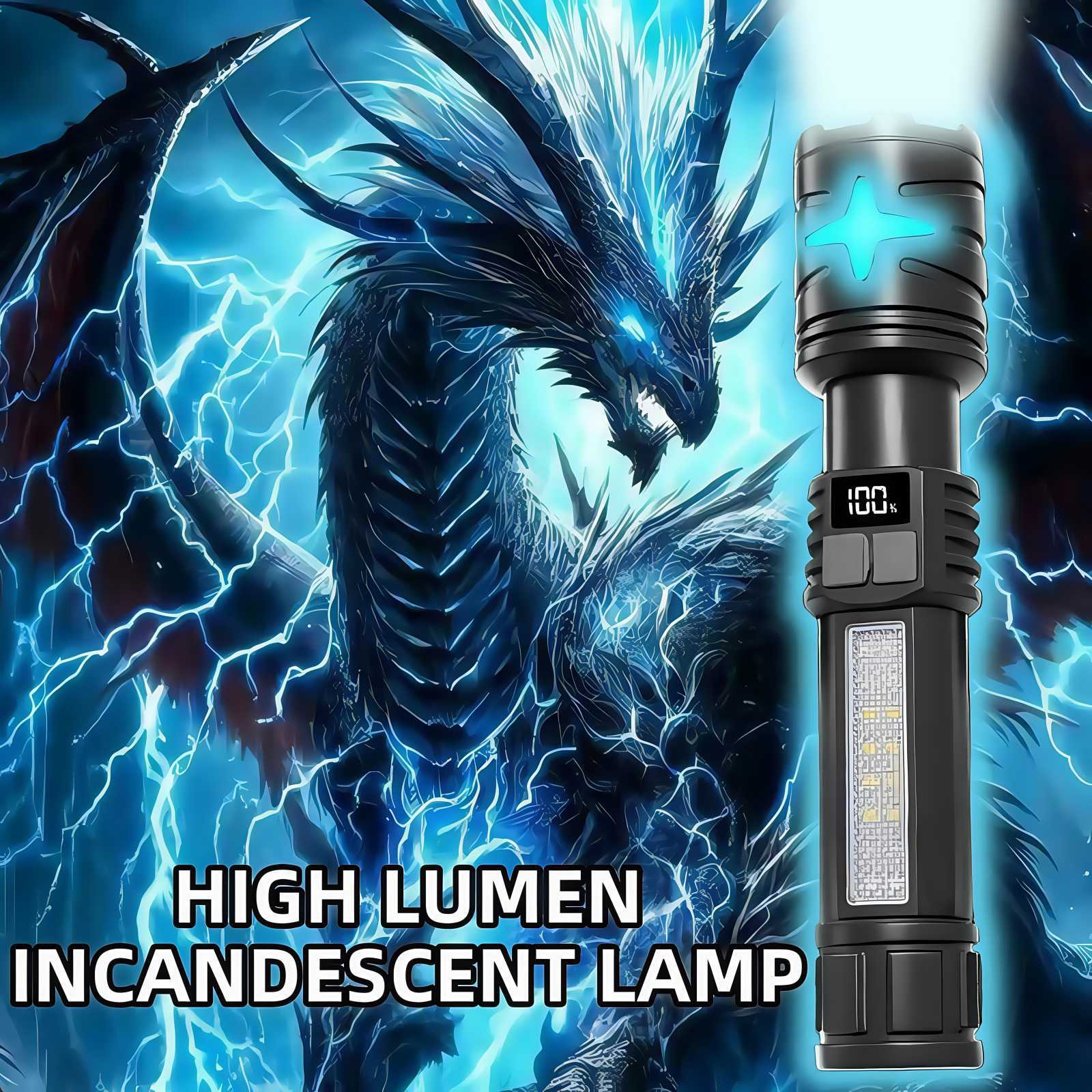 TEMU Led Flashlight High Usb Rechargeable 5 Lights Flashlights With Cob Side Light Multi Functional Digital Display Handheld Flashlight Emergency