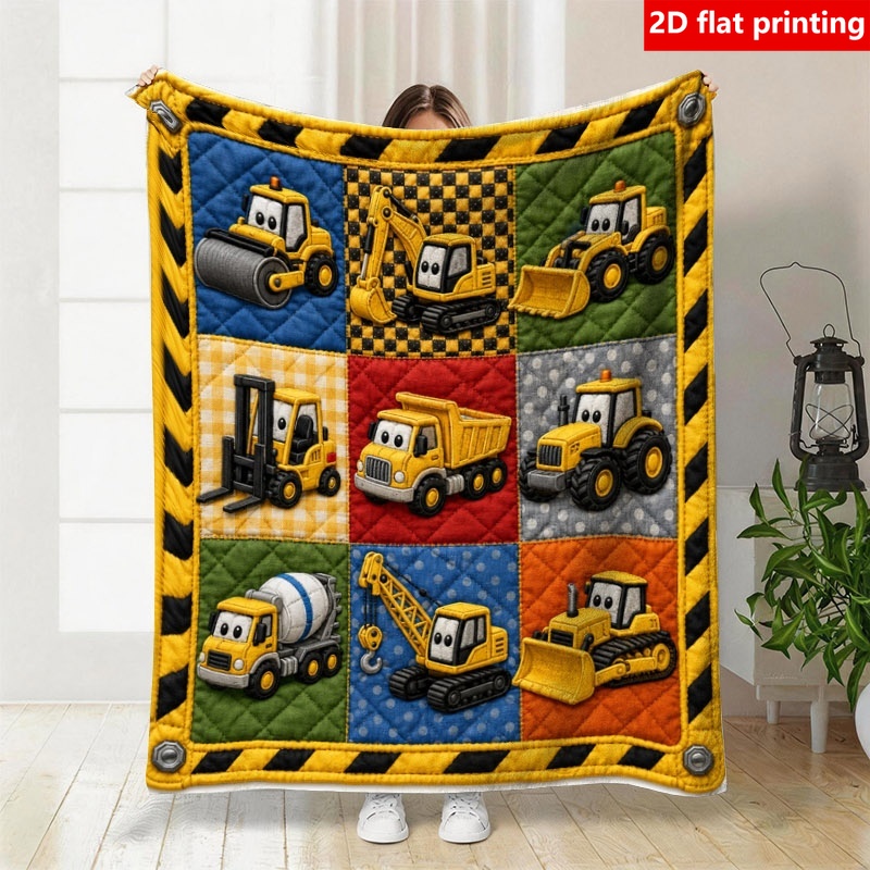 TEMU 2d Flat Printing, 1pc Yellow And Black Warning Stripe Border Construction Vehicle Print Flannel Blanket, A Soft Decorative Throw With Striped