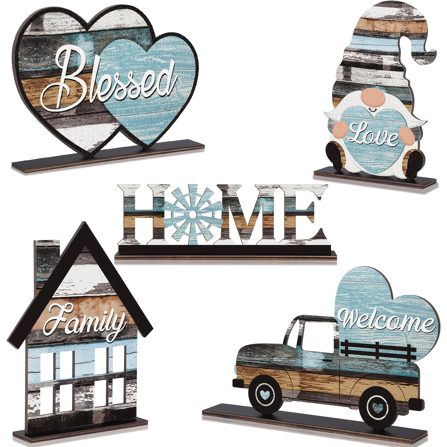 TEMU Lot de 5 panneaux de table rustiques et colorés en bois, petites décorations vintage bleues et vertes de style ferme, centres de table en bois
