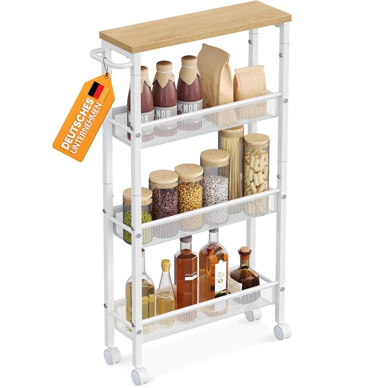 Roll Cart, Narrow Kitchen Cart With , 45, 4x 13x 77cm Niche Shelf With Wheels, For Kitchen And Bathroom, And Matte White, Dacey Collection Lrc032w09