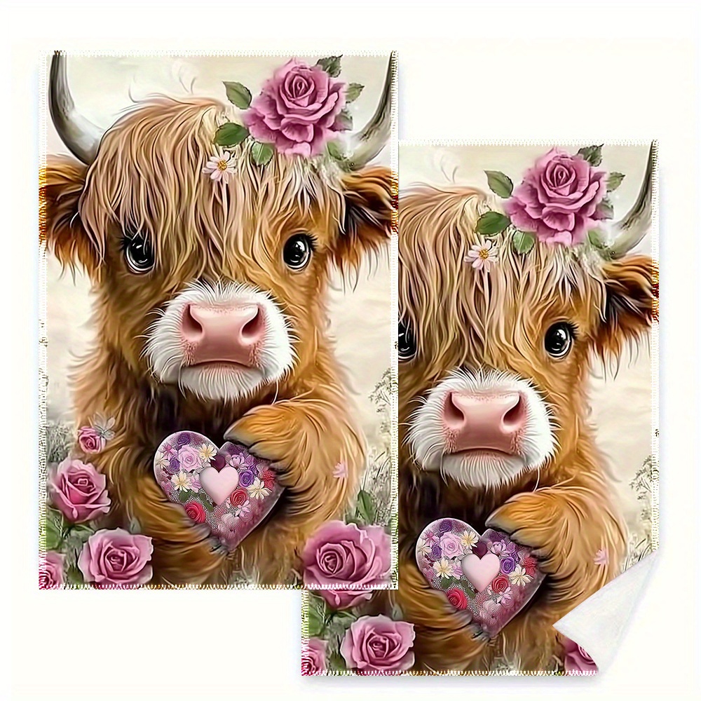 TEMU 2pcs Absorbent Reusable Kitchen Towels- Cute Highland Cow , Farmhouse Style Tea Towels Suitable For Bathroom, Office, And Cleaning, Durable