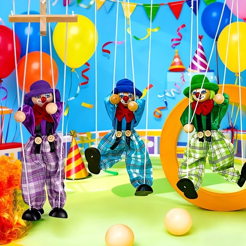 clown   carnival party game supplies pull string wooden doll diy puppet party decoration hobby collectible birthday gift non electric