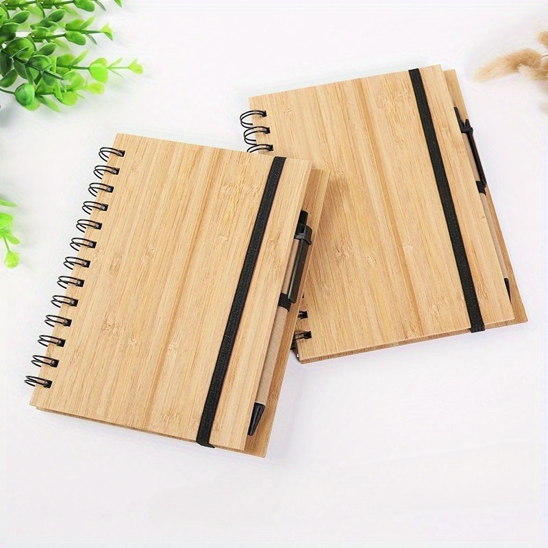 TEMU Lot de 2 cahiers en bambou, papeterie pour étudiants, cahier à couverture en peau de bambou avec stylo, en bambou, cahier à spirale en bambou,