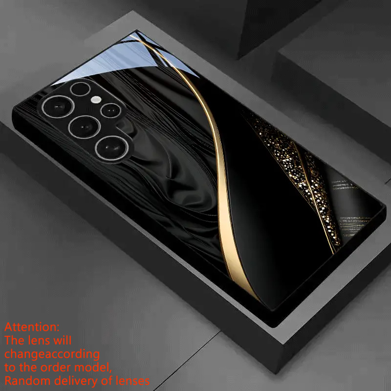 TEMU Phone Case: 2d Flat Black And Golden Pattern Black Tempered Glass Phone Case. Suitable For Galaxy S25/s24/s23/s22/s21/s20/note