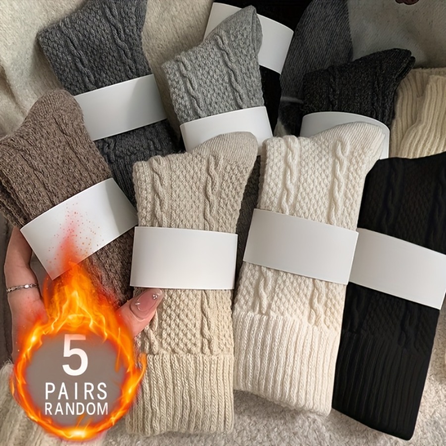 TEMU 5 Pairs Women's Thick Warm Winter Socks | Soft Ribbed Texture, Random Color With Side Stripe Detail, Perfect For Cold Weather, Hand Wash Or ,