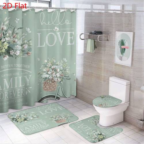 2d flat 2d flat 4pcs bicycle bathroom set mint green shower curtain with 3 bath and 12 hooks vintage mint theme u shaped toilet cover machine washable