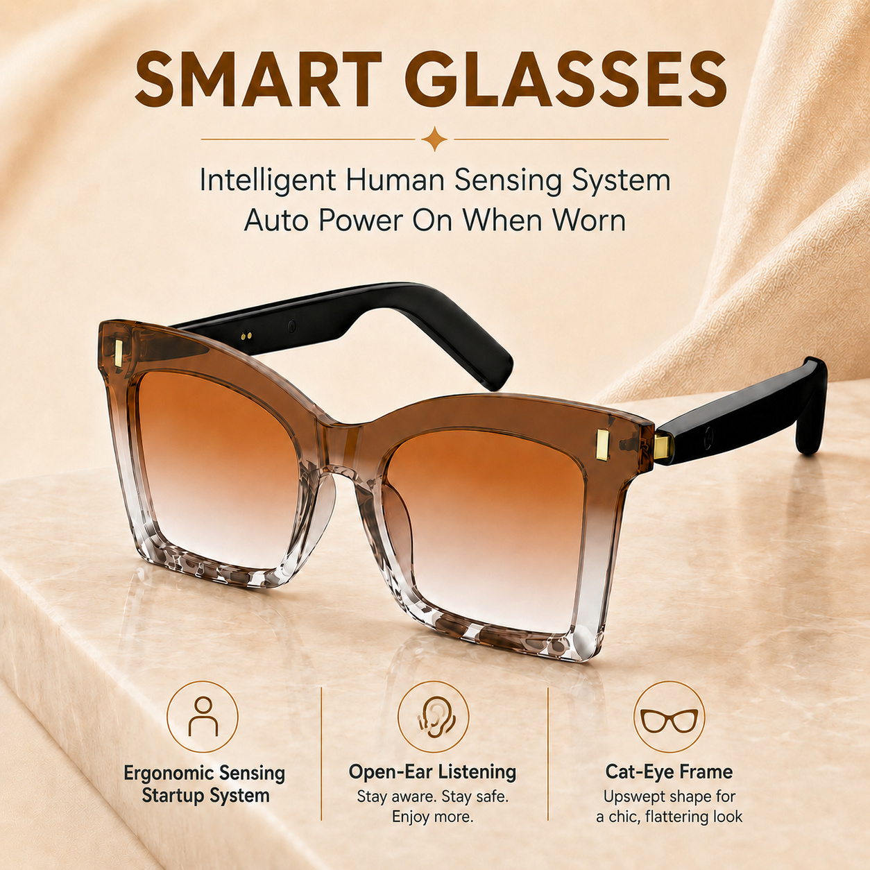 TEMU 2026 New Women's Cat Eye Smart Glasses, Bluetooth 6.0 Wireless Audio Eyeglasses With Sensor, Bluetooth For Driving Daily Outdoor