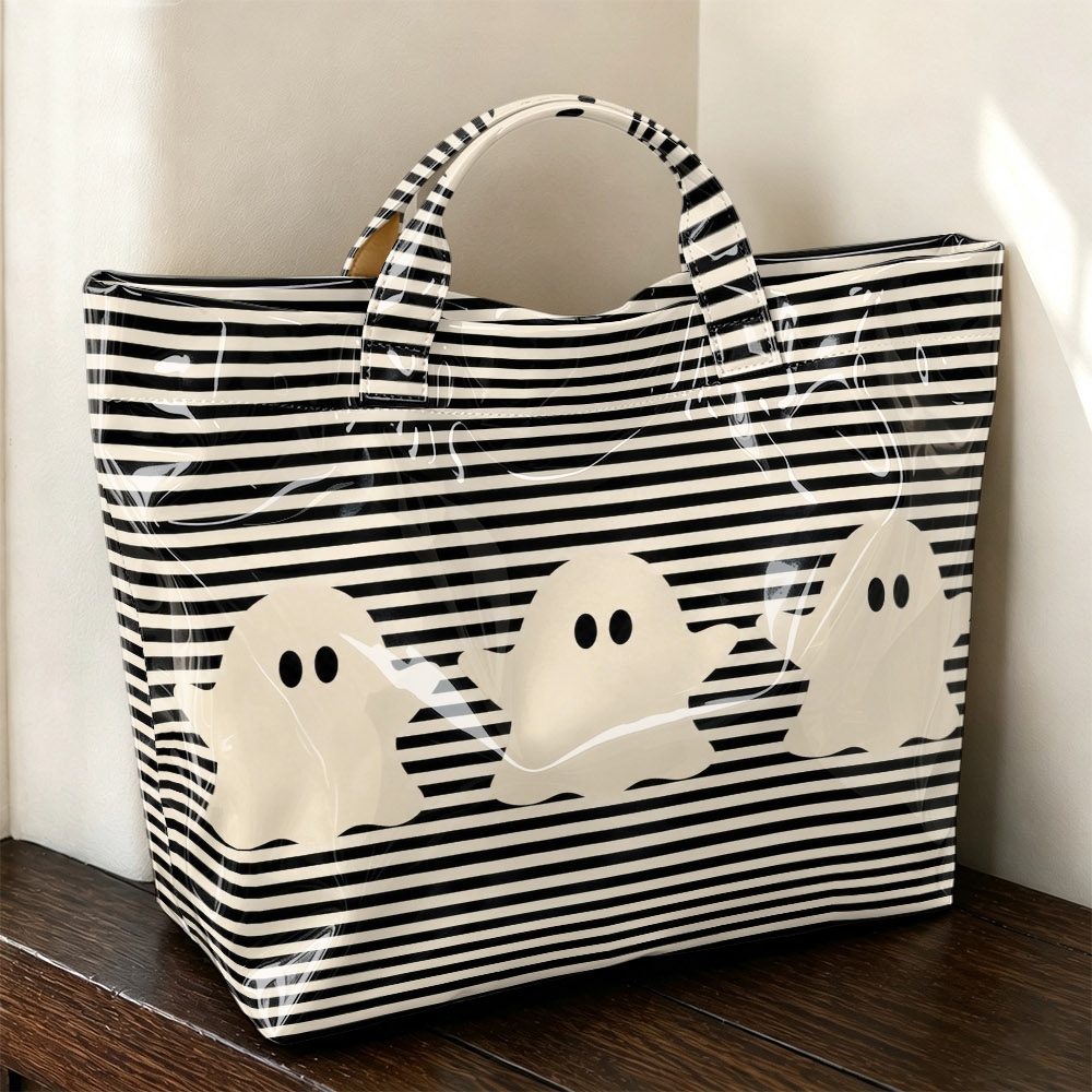 TEMU 1pc Pvc Handheld Tote Bag With Print & Tape Closure - Black & White Striped Suitable For Halloween, School, Grocery Shopping, Casual , -themed