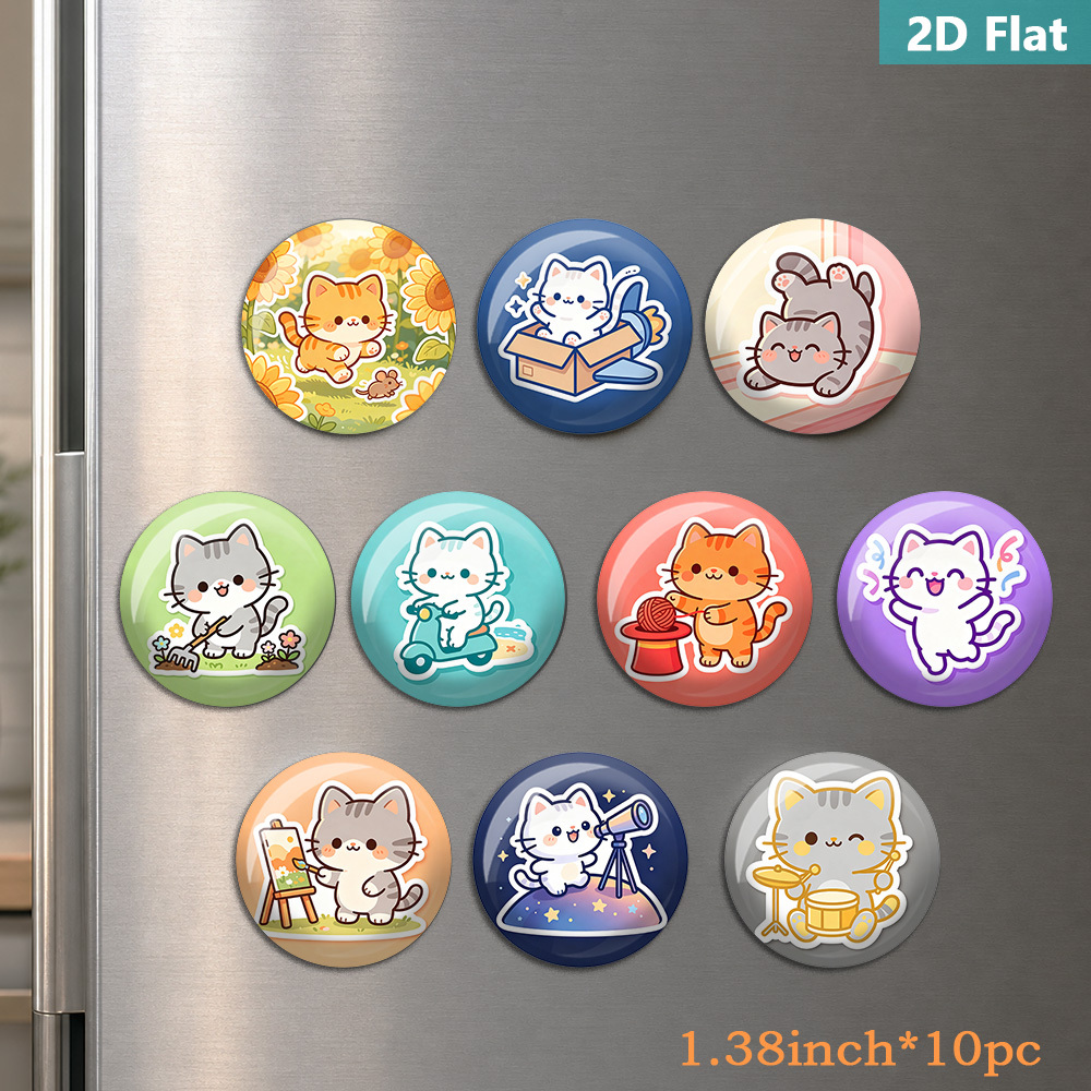 item picture 10pcs 2d flat round cute kittens pattern crystal glass fridge magnets magnetic stickers     suitable for kitchen refrigerator whiteboard cabinet gift for cat lovers home decoration
