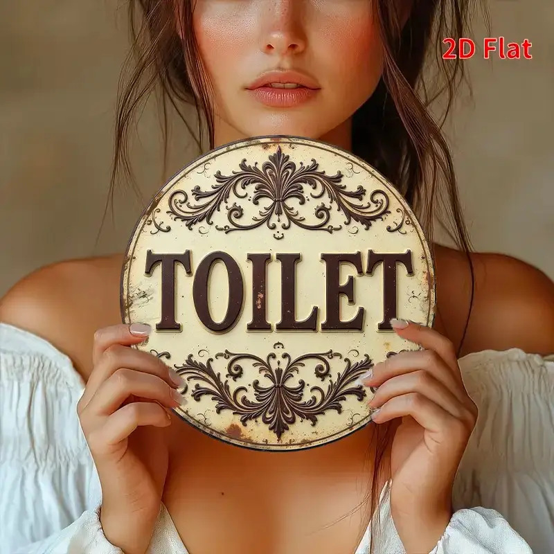 TEMU 2d Flat - Vintage 2d Round Aluminum Toilet Sign | Elegant Brown Pattern, No Feathers, No Electricity Needed, Lightweight Design 20x20cm,