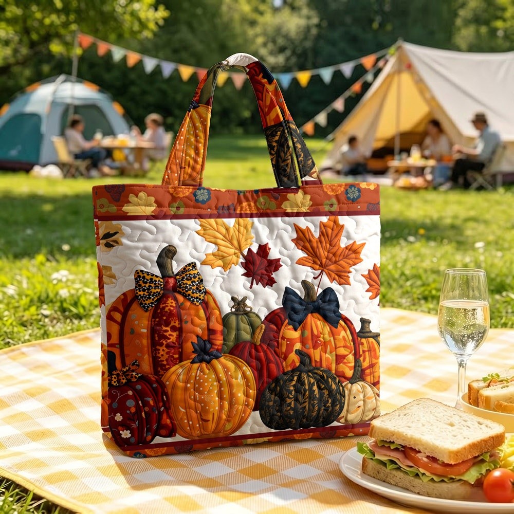 TEMU Quilted Tote Bag For Women, Vintage Autumn Pumpkin Print Shoulder Handbag, Large Capacity Everyday Work Travel Grocery , Christmas Halloween