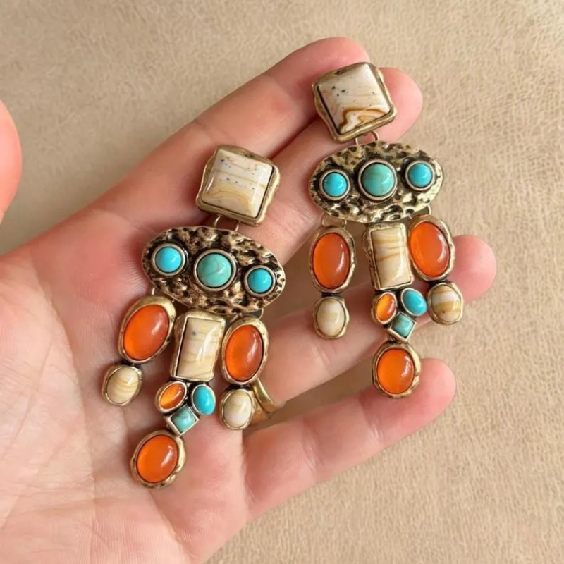 TEMU Bohemian-style Teal, Blue, And Orange Color- Women's Dangling Earrings, With A Vintage Western Colorful Design, Suitable For Daily Wear, Festive