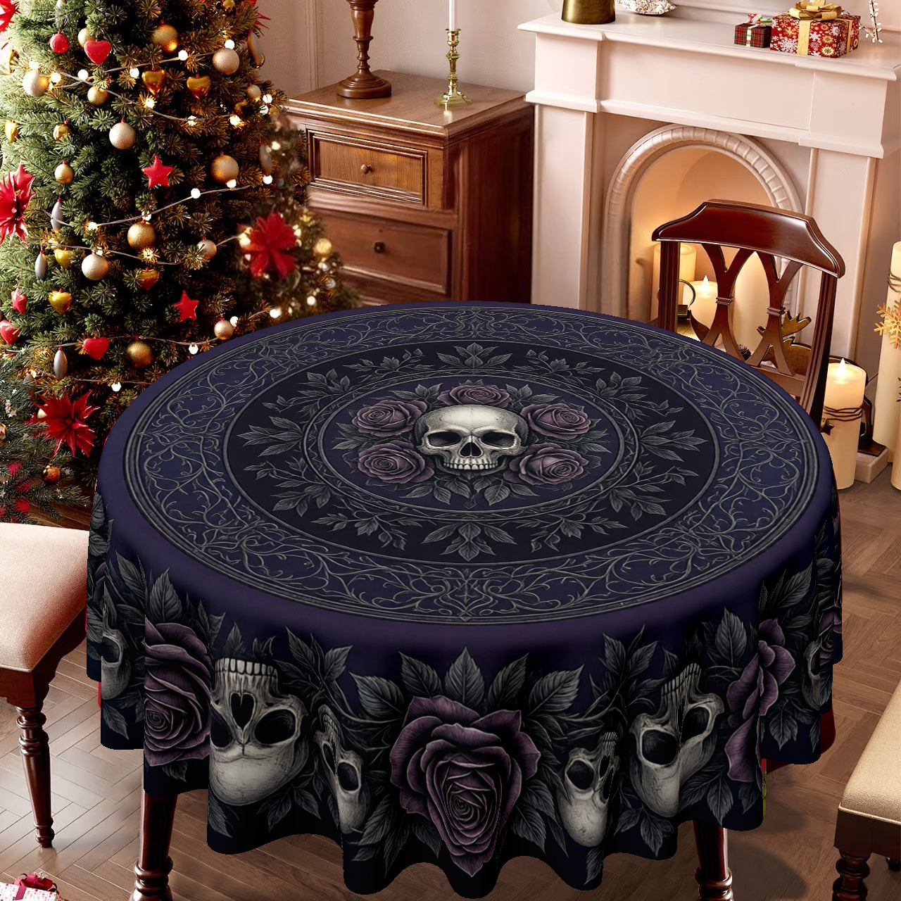 TEMU 1pc Tablecloth, Halloween - Inspired Gothic Style, Rose And Circular Printed Tablecloth For Dining Table, Kitchen Table, And Party Table Decor,