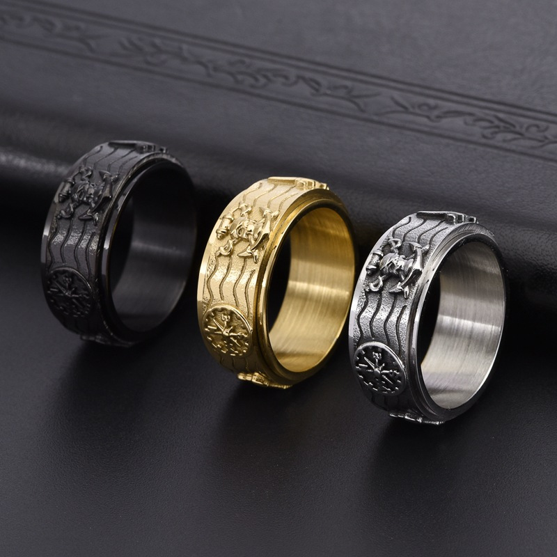 1pc mens titanium stainless steel ring vintage nautical   compass punk style rotatable band durable lightweight design for casual attire Product details 2