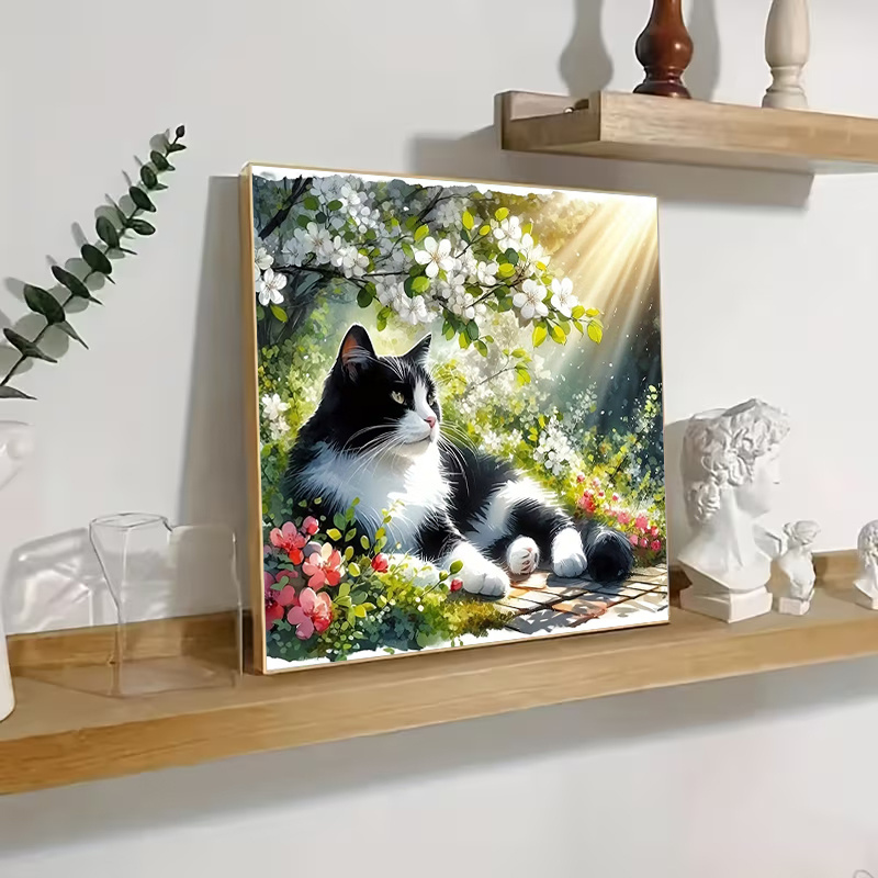 TEMU 1pc 5d Diamond Painting Kit Black And White Tuxedo Cat Resting Under Spring Tree Sunlight Craft For Home Wall Decor Living Room Bedroom