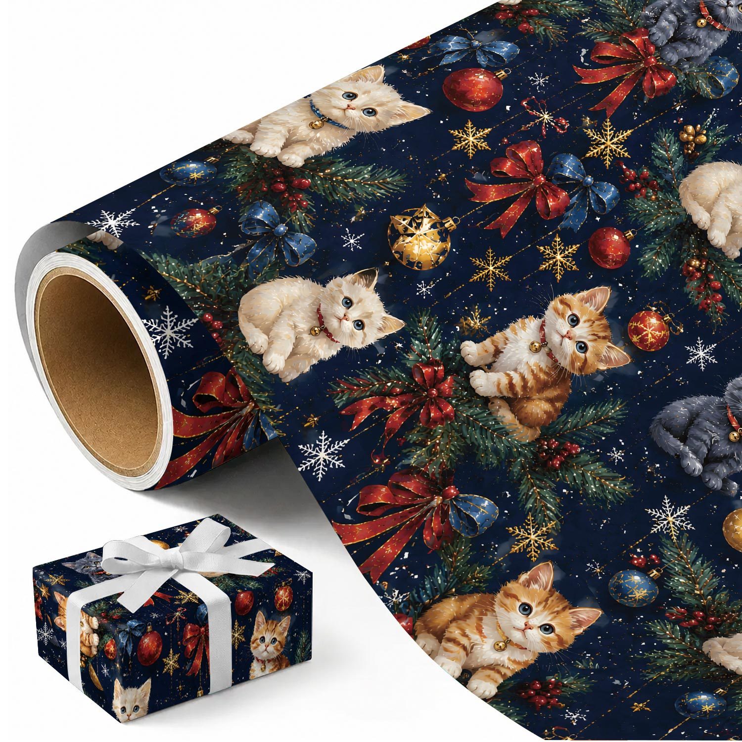 TEMU Rouleau de Chat de Noël - 17.7 X 118 pouces, Emballage cadeau Chat avec guirlande d'arbres de Noël, décorations et motif de de neige pour des