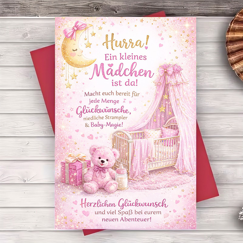 TEMU 2er-Set (Enthält Briefumschlag und Grußkarte) - Entzückende rosa Karte zur Begrüßung Baby-Mädchens. Eine wunderbare Möglichkeit für Freunde und