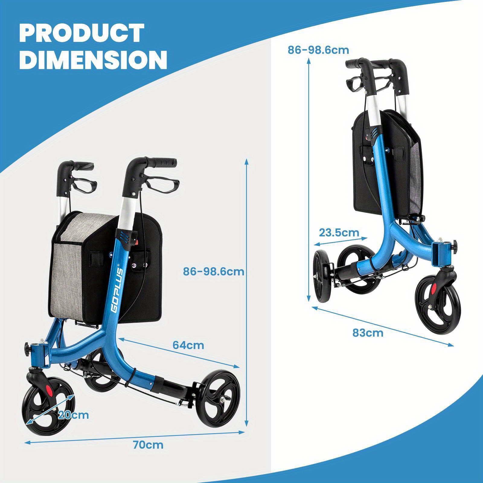 TANGKULA Heavy-Duty Foldable 3-Wheel Rollator Walker with Locking Brake System, 6-Level Adjustable Handle, Lightweight Aluminum Frame & Large Wheels - Portable Rolling Walker with Zippered Storage Bag for,, Home, Nursing Homes - Supports 300 lbs (136kg) - Blue, Foldable Walker for Seniors, Walker with Wheels And Seat, Walker for Seniors with Wheels, Mobility Walker for Plus Size Seniors, Seated Walker Plus Size - Image 9