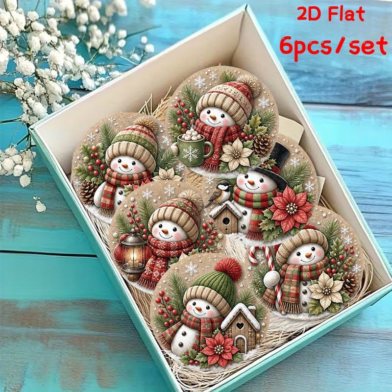 TEMU Round 2d Flat Printed Wooden Coasters, 6pcs Set, Featuring Festive Christmas Snowman Winter Patterns, Suitable For Home And Office Decoration,