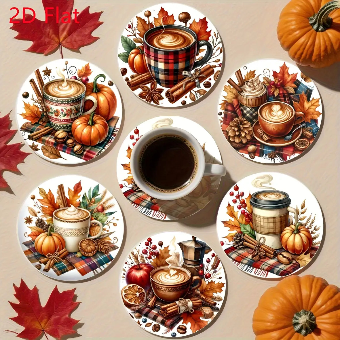 TEMU 6pcs Wood Coasters With Pumpkin & Fall - Heat-resistant Wood Cup Holders Suitable For Thanksgiving, Halloween, Christmas, Easter - Rustic Table