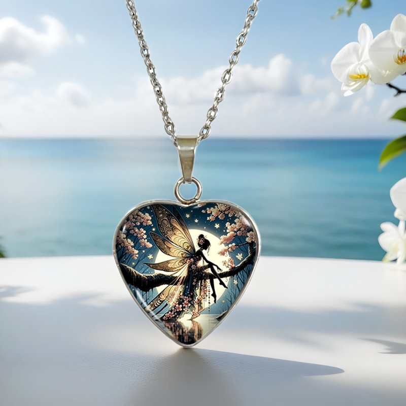 TEMU Collier à pendentif tendance en acier inoxydable 304 de cœur avec un motif de paysage féérique, un accessoire cadeau