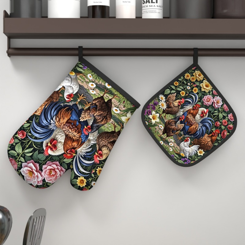 

2pcs 10.6*6.7 Inch Heat-resistant Oven Mitts And Potholders Set, Chicken Family In Flowers Design, Polyester, Machine Washable - Ideal For Kitchen Decor, Cooking, Grilling, Baking, Great Holiday Gift