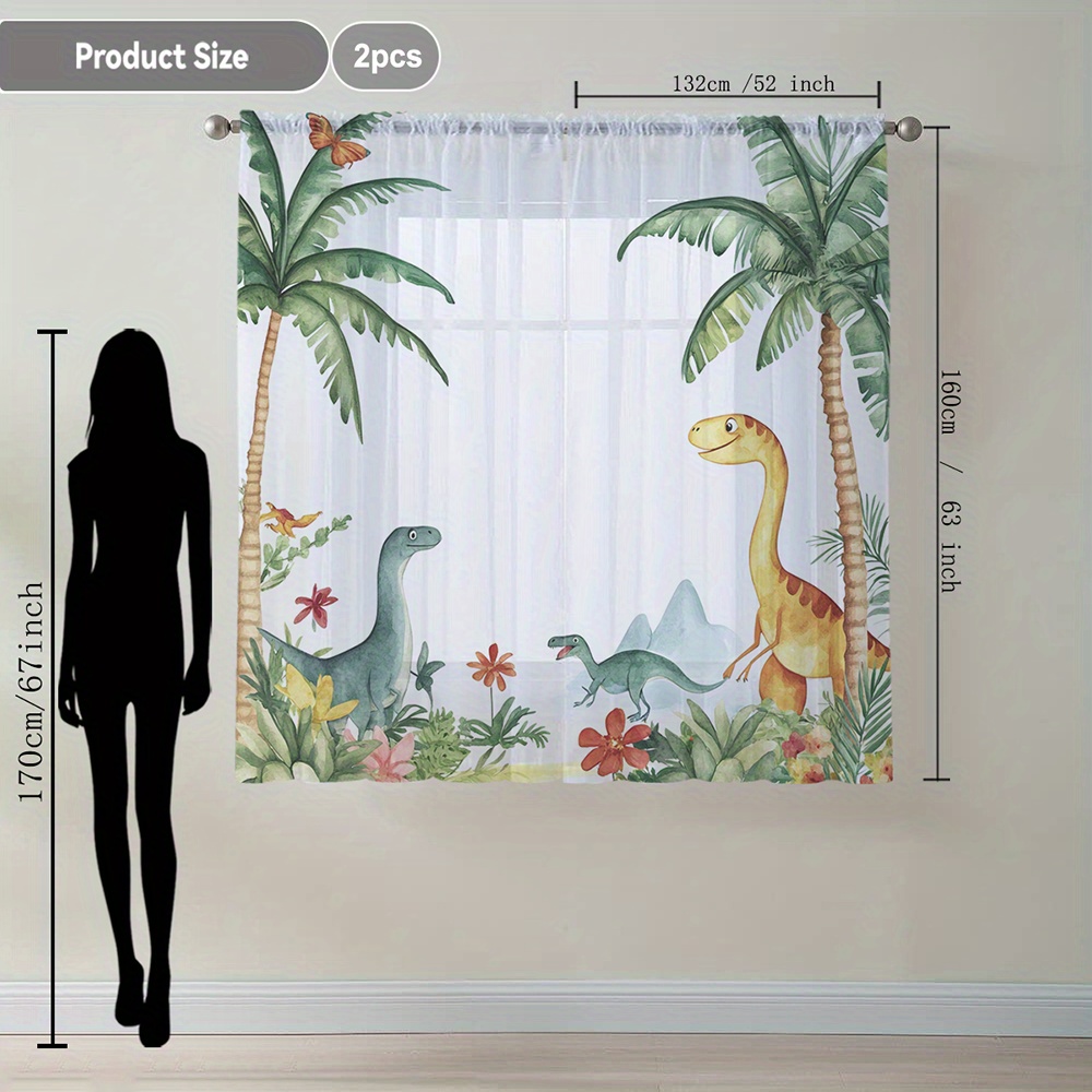 TEMU 2 Piezas de Cortinas Transparentes Estilo Divertido con Dinosaurios y Palmeras, Bolsillo para Barra Decorativas, Ideales para Cocina, Café, Sala