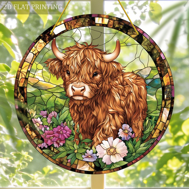 TEMU 2d Flat 1pc Highland Cow And Floral Stained Acrylic Sun Catcher Hanging Ornament Farmhouse