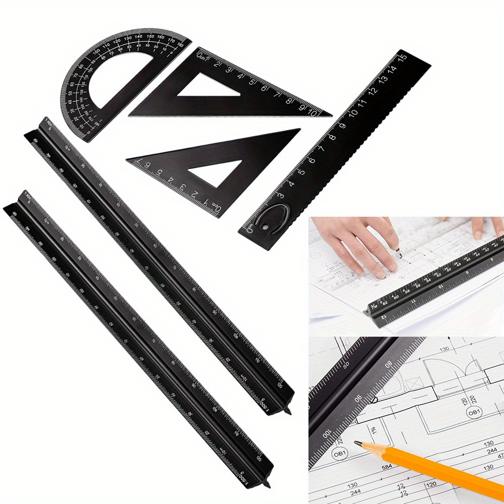 

2 Packs 12 Inch Aluminum Triangular Scale Rulers And 4 Pieces Aluminum Ruler Square Set, 6 Pcs Black Accurately Metric Ruler Set, For Students, And Engineers