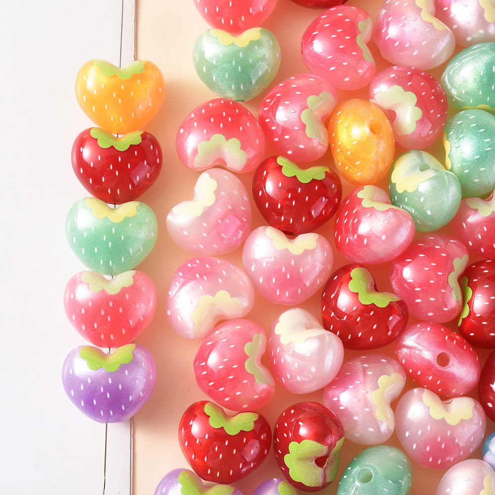 TEMU 30pcs Sweet Heart-shaped Acrylic Decorative Beads Summer Dopamine Random Colorful Printing Strawberry Pattern Acrylic Loose Beads For Fashion