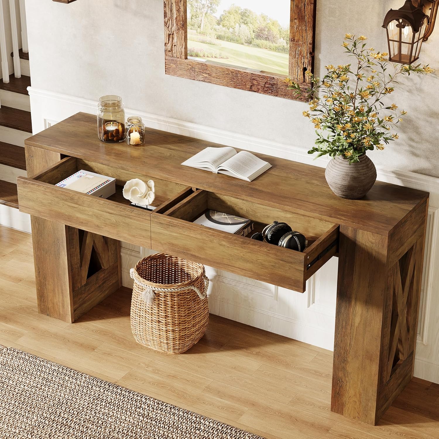 63-inch Long Console Table, Farmhouse Entryway Table With 2 Drawers And X-shaped Legs, Narrow Sofa Furniture Behind The Couch For Entrance, Hallway, Living Room, Warm Brown