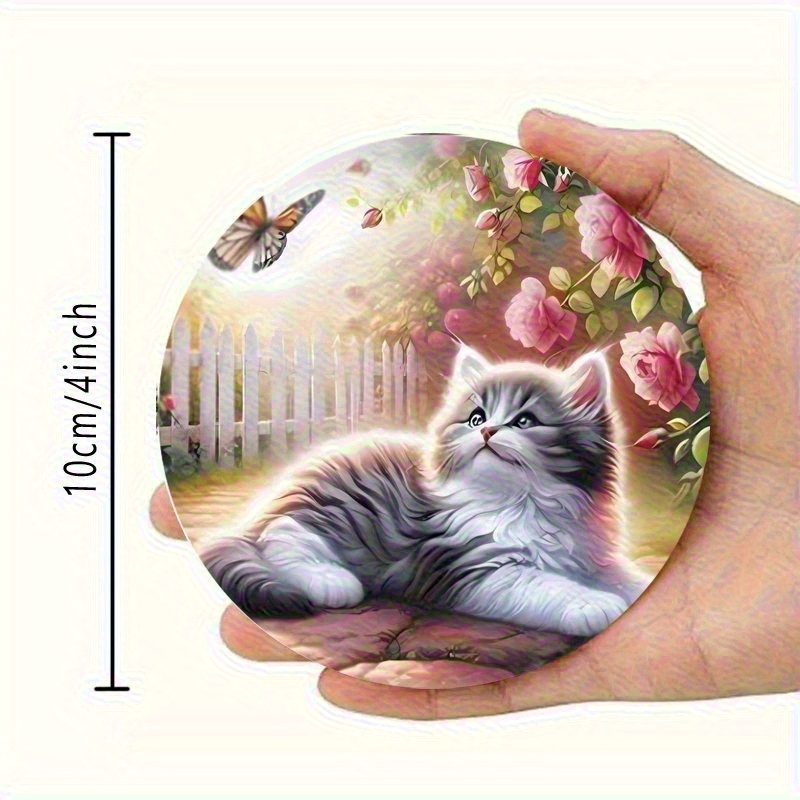 TEMU Ein Set aus 6 Cartoon Katze Holzuntersetzer - Befüllt mit verspielten Katzenmotiven mit Schmetterlingen und Rosen, zum Dekorieren von Terrassen,