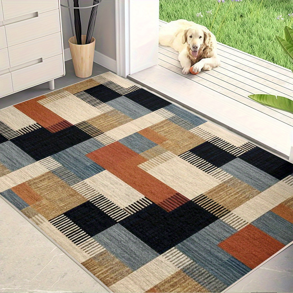 TEMU Durable Velvet Carpet With Non-slip Plastic Backing | Geometric Pattern, Modern Minimalist Style, Blocks, Striped Texture Design, Easy To Clean,