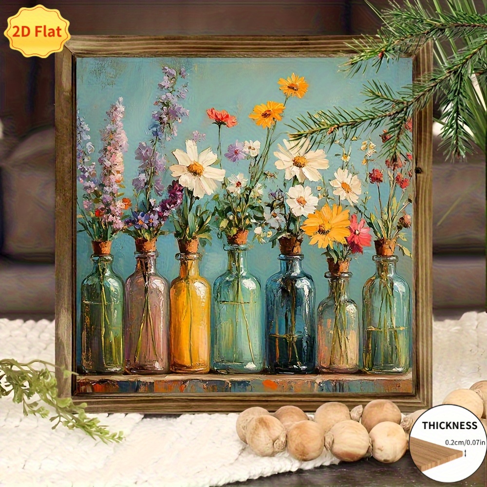 TEMU Plaque 2D plate, 1 pièce, panneau floral rustique en bois imprimé en 2D - Décoration murale à suspendre avec fleurs de printemps éclatantes et