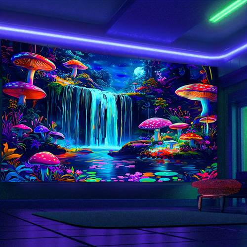 1pc uv black light reactive tapestry under light non toxic mushroom landscape wall hanging with waterfalls flora for living room party decor photo backdrop hanging bag no electricity needed perfect gift for mushroom decor home decoration vibrant colors print glow in the dark holiday decoration easy to hang